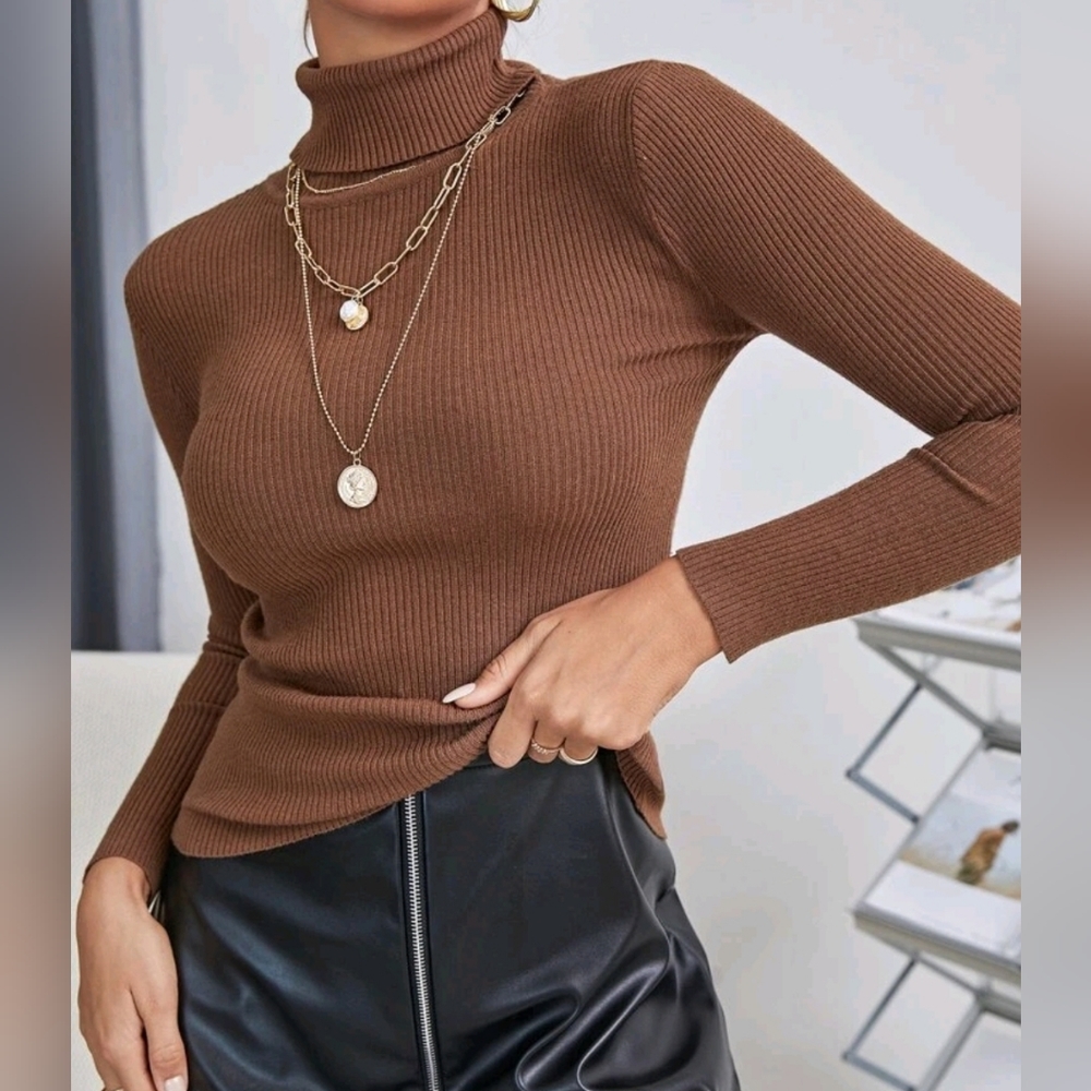 NEW Chic Ribbed Knit Turtleneck Sweater Top Bodycon Rusty Brown